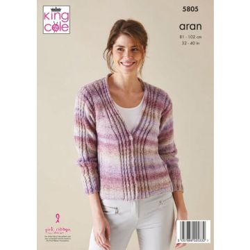 King Cole Acorn Aran Sweater Cardigan and Hat Pattern 5805 81-102cm