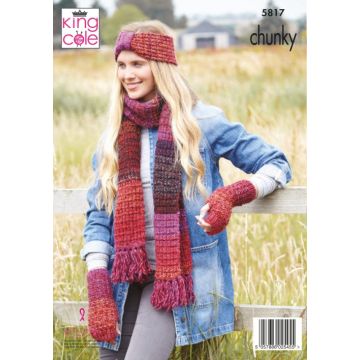 King Cole Autumn Chunky Hat Shawl Wristwarmers Headband Scarf Pattern 5817 