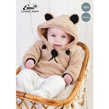 Emu Classic Aran Baby Teddy Bear Hoodie 1001 Knitting Pattern PDF  Birth to 12 Months