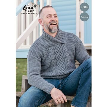 Emu Classic Aran With Wool Mens Shawl Neck Jumper 1004 Knitting Pattern  To Fit Chest 3638 - 4446"