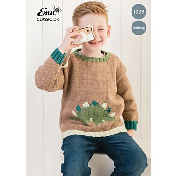 Emu Classic DK Child's Dinosaur Jumper 1009 Knitting Pattern PDF  2 to 6 Years