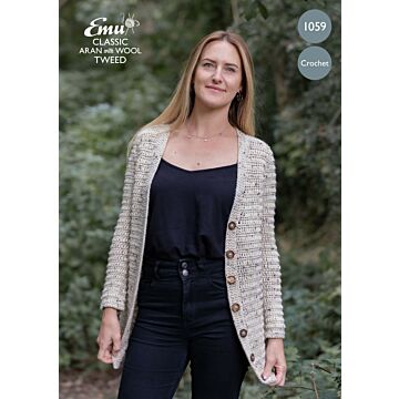 Emu Classic Aran With Wool Tweed Ladies Cardigan 1059 Crochet Pattern PDF  To Fit Bust 3032 - 4648"