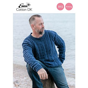 Emu Cotton DK Men's Cotton Cable Sweater 3012 Knitting Pattern  To Fit Chest 38 - 44"