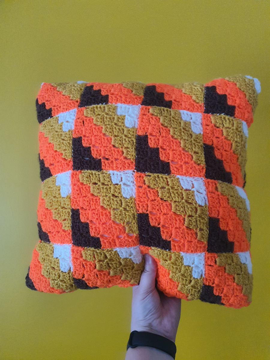 Image of 70s Inspired Crocheted Cushion by Zoe Potrac in Stylecraft Special DK